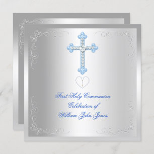 Convite Garoto Primeiro Sagrado Comunhão Silver Blue