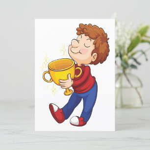 Convite Garoto que segura Ouro Troféu Prêmio vencedor