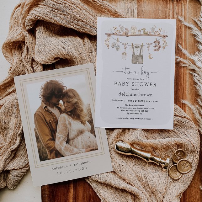 Convite Garoto Roupa De Bebê Chá de fraldas De Tom Neutro  (Criador carregado)