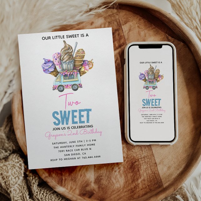 Convite Garoto Sorvete Caminhão Dois Doce Festa segundo an (Criador carregado)