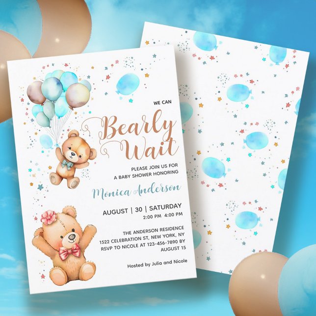 Convite Garoto Teddy Bear Podemos Bater Chá de fraldas De  (Boy Teddy Bear We Can Bearly Wait Baby Shower Invitation)