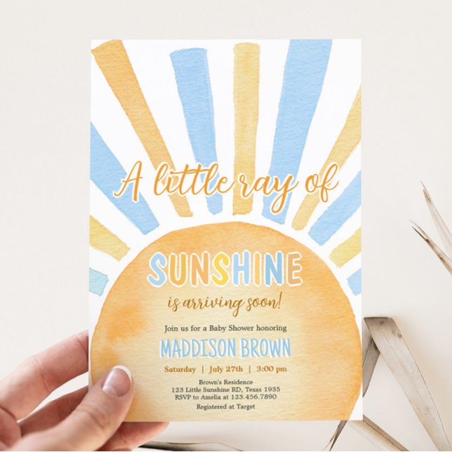 Convite Garoto Um Pequeno Raio de Chá de fraldas Sol (Blue Boho Sunshine Baby Shower Invitation)
