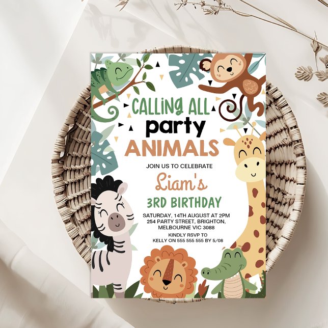 Convite Garoto Verde Chamando Todos Os Animais Da Festa An (Calling All Party Animals  Birthday Invitation Template Boy, Safari Birthday Invitation, Jungle )