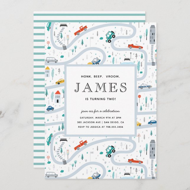 Convite Garotos Caminhões E Carros, Segunda Festa de anive (Frente/Verso)
