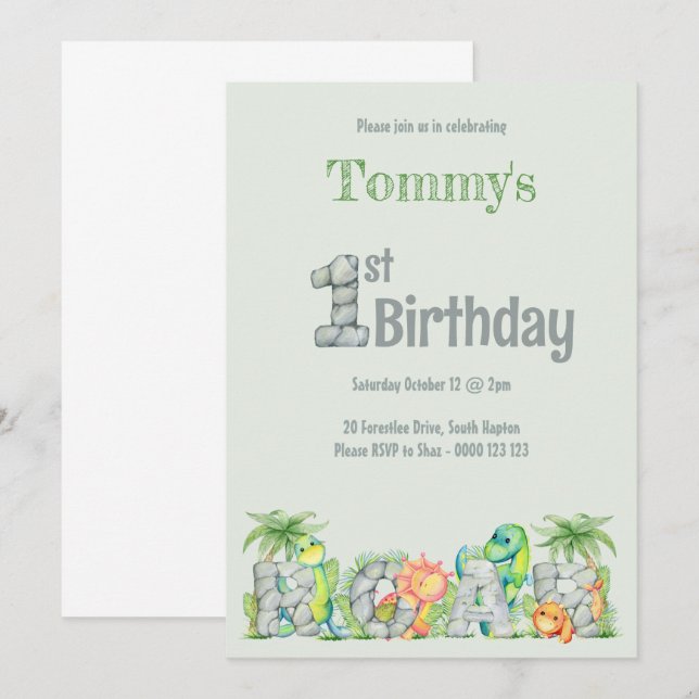 Convite Garotos de primeiro aniversario de Raio Dinossauro (Frente/Verso)