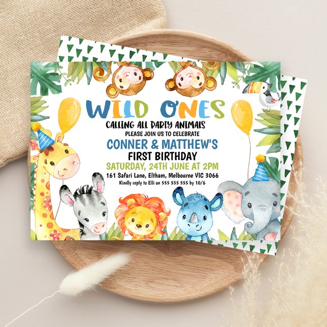 Convite Garotos Gêmeos Coloridos primeiro aniversario Safa (Colorful Twin Boys Safari Wild Ones 1st Birthday Invitation, Party Animals, Jungle First Birthday )