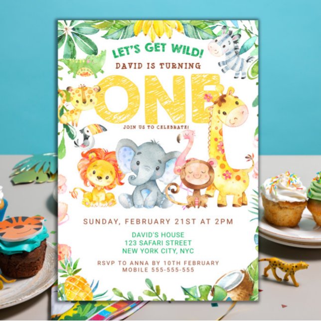 Convite Garotos Selvagens de primeiro aniversario de Anima (Safari Party Jungle Animals Boy First Birthday Invitation )