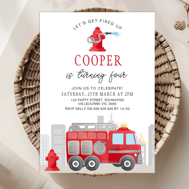 Convite Garotos, Vamos Vermelho, Disparam o Motor de Fogo (Lets Get Fired Up Fire-engine Birthday Invitation Template, Firefighter Birthday Invitation Hydrant)