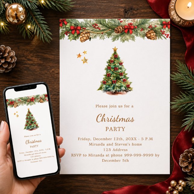 Convite Garrafa de árvore laços vermelhos Festa de Natal (Criador carregado)
