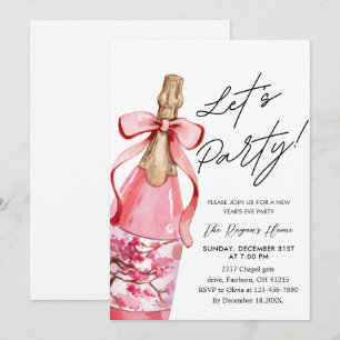 Convite Garrafa de champanhe com laço rosa na festa de Ano