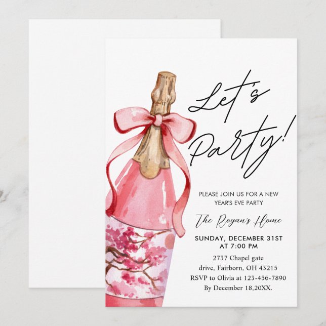 Convite Garrafa de champanhe com laço rosa na festa de Ano (Frente/Verso)
