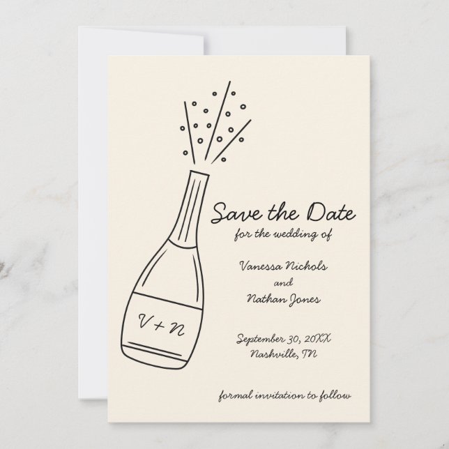 Convite Garrafa de Champanhe Estalando Save the Date (Frente)
