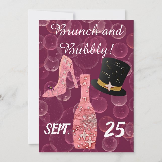 Convite Garrafa de Champanhe Rose Bubbly & Brunch & Glitte (Frente)