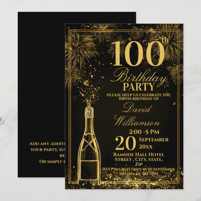 Convite Garrafa de Fizz Dourada de Aniversário de 100 Anos (Frente/Verso)
