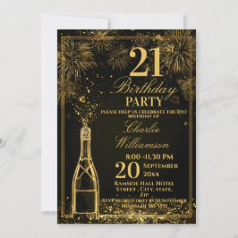 Convite Garrafa de Fizz Dourada de Aniversário de 21 anos