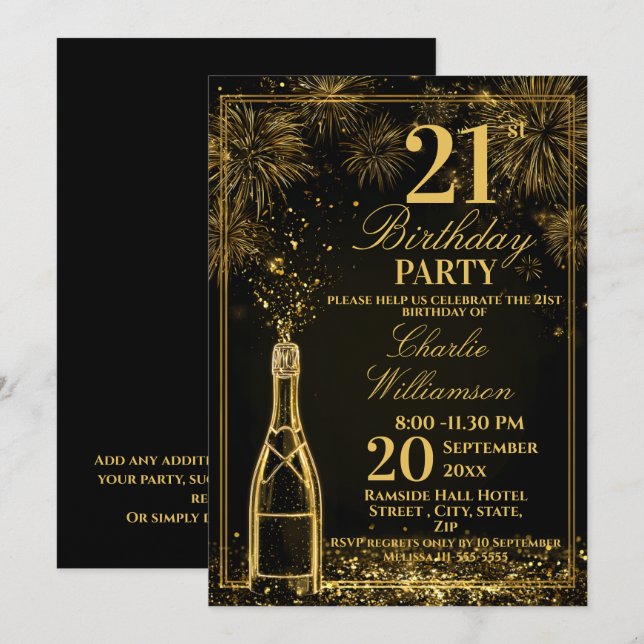 Convite Garrafa de Fizz Dourada de Aniversário de 21 anos  (Frente/Verso)