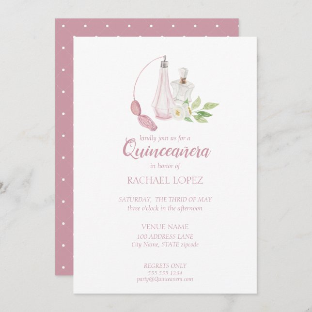 Convite Garrafa de perfumes de aquarela Quinceanera Aniver (Frente/Verso)
