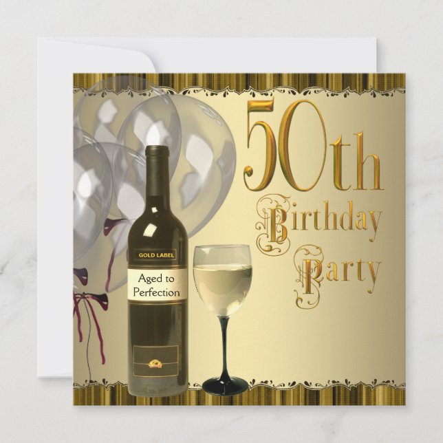 Convite Garrafa de Vinho Cálice Dourado Aniversário de 50  (Frente)