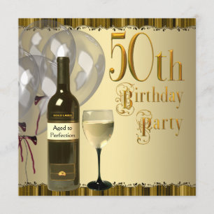 Convite Garrafa de Vinho Cálice Dourado Aniversário de 50
