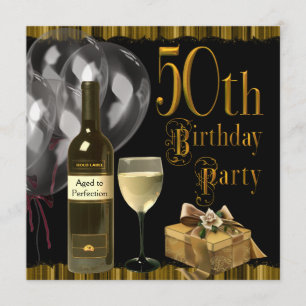 Convite Garrafa de Vinho Cálice Dourado Aniversário de 50