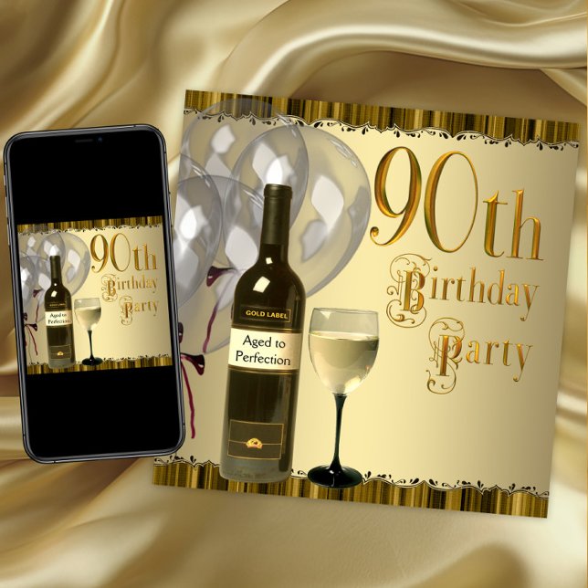 Convite Garrafa de Vinho com Copo de Ouro Festa de Anivers (90th birthday party invitation. Instant download and printed invitations available.)