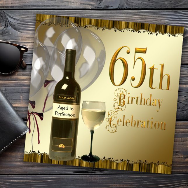 Convite Garrafa de Vinho com Copo Preto e Dourado para Fes (Black and gold 65th birthday invitation. Need a different number? Send us a message.)