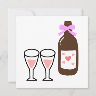 Convite Garrafa de Vinho com Laço Rosa e Copos