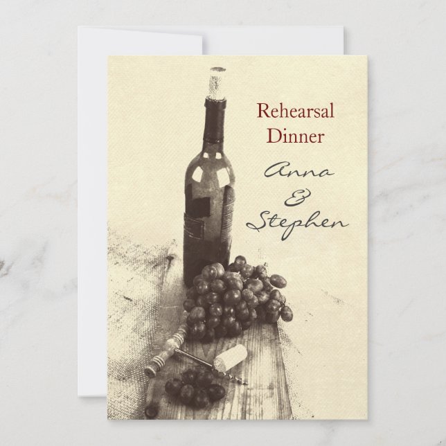 Convite Garrafa de vinho, uvas, corkscrew e cortiça (Frente)