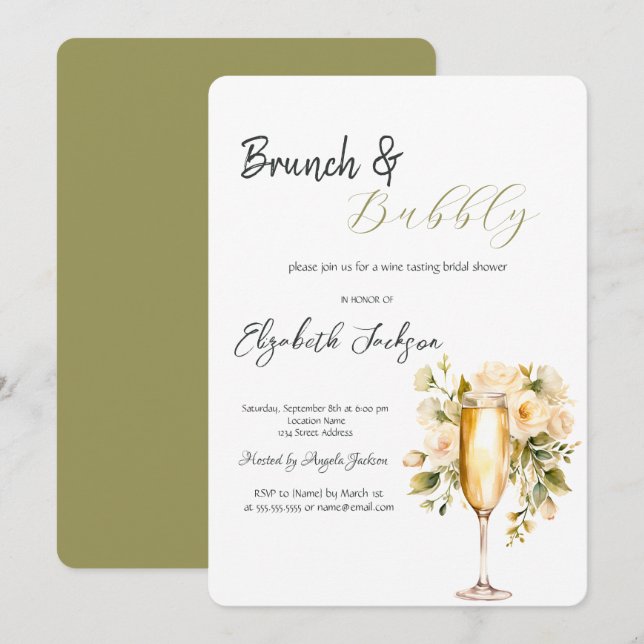 Convite Garrafa de Vinho Vidro Flor Verde Brunch & Espuman (Frente/Verso)