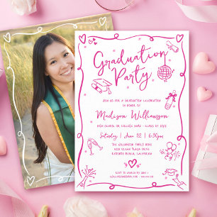 Convite Garrafa Rosa Desenhada à Mão Foto Graduada Festa B