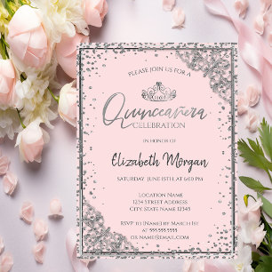Convite Garrafa Tiarra Prata Chic,Quinceañera Rosa Bege Di