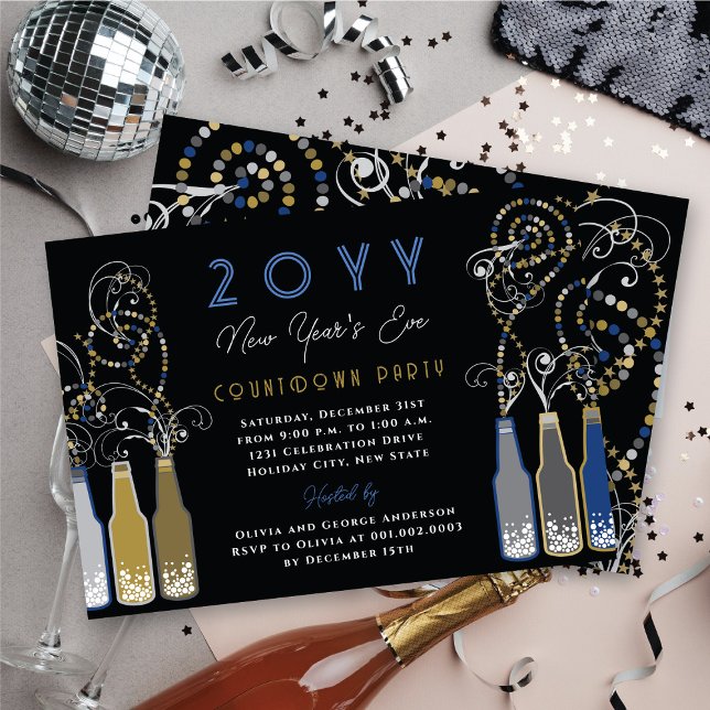 Convite Garrafas Azuis Vadias de Véspera de Ano Novo (Blue Bubbly Bottles Swirls New Year's Eve Party Invitation @ fat_fa_tin)