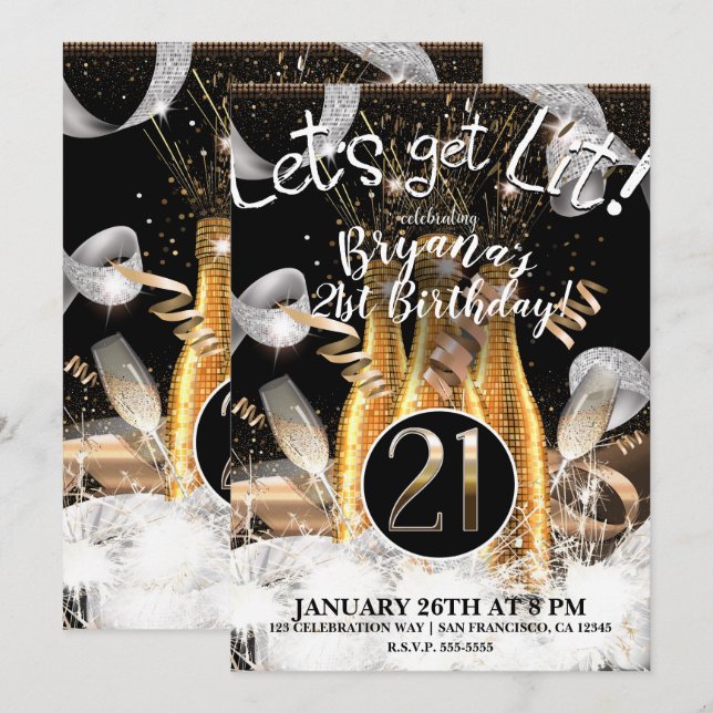 Convite Garrafas de Champanhe Dourado Let's Get Lit 21º Fe (Frente/Verso)