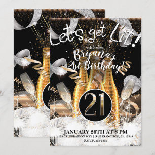 Convite Garrafas de Champanhe Dourado Let's Get Lit 21º Fe