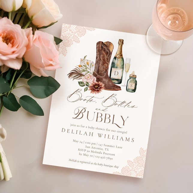 Convite Garrafas de inicialização e Chá de fraldas ocident (Boots Bottles & Bubbly Country Western Baby Shower Invitation)