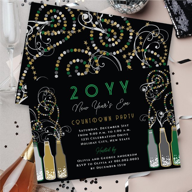 Convite Garrafas verdes e borbulhetas turbulentas no parti (Green Bubbly Bottles Swirls New Year's Eve Party Invitation @ fat_fa_tin)