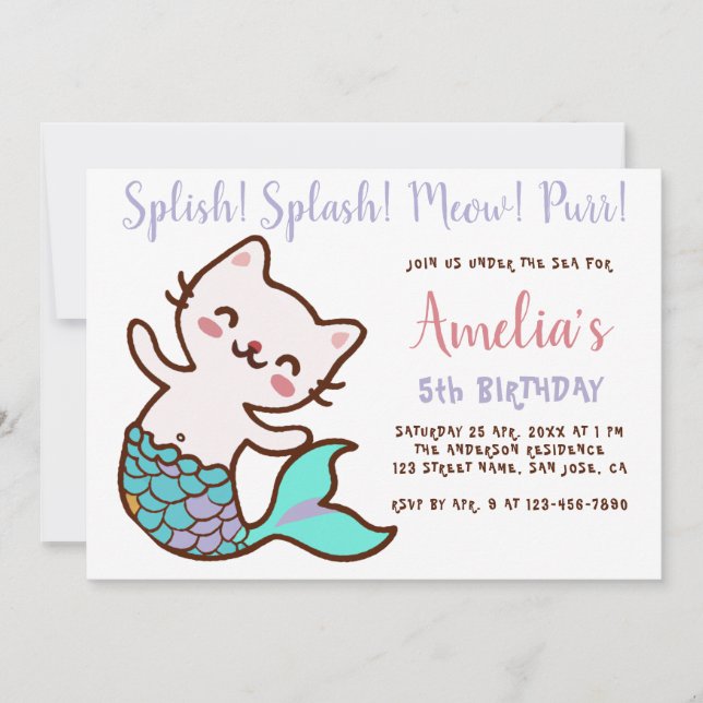 Convite Gata Sereia Menina Aniversário Meowmaid Purrmaid S (Frente)
