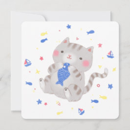 Convite Gatinho bonito com peixe na ilustração de verão