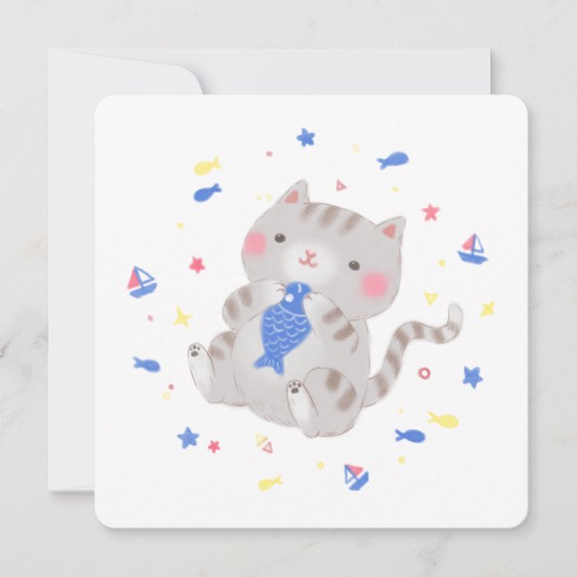 Convite Gatinho bonito com peixe na ilustração de verão (Frente)