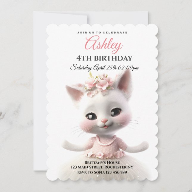 Convite Gatinho bonito de vestido rosa (Frente)