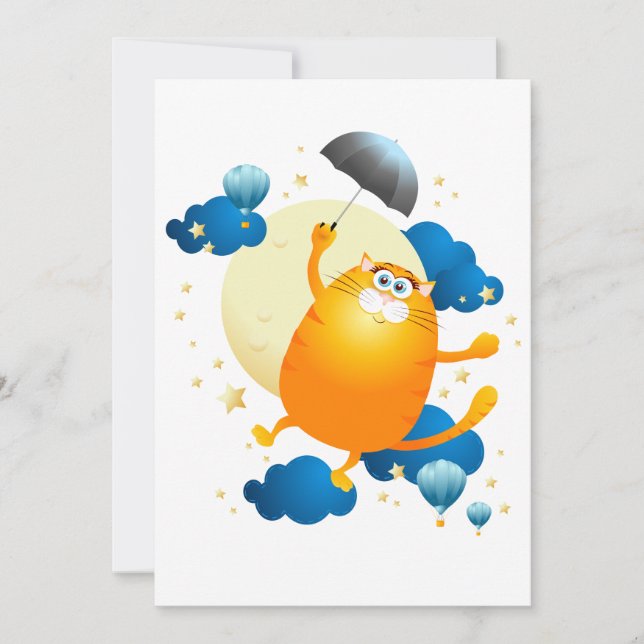 Convite Gatinho bonito voando com guarda-chuva (Frente)