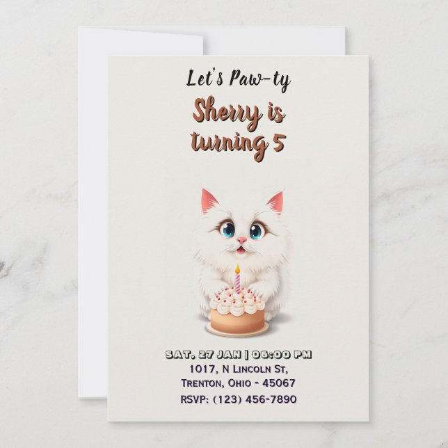 Convite Gatinho branco bonito com bolo de aniversário pers (Frente)
