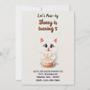 Convite Gatinho branco bonito com bolo de aniversário pers