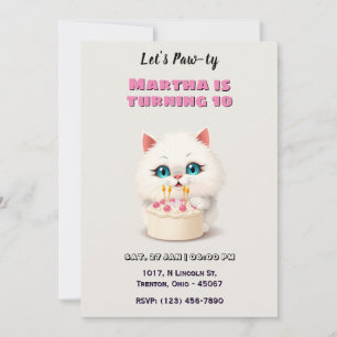 Convite Gatinho branco bonito com bolo de aniversário pers