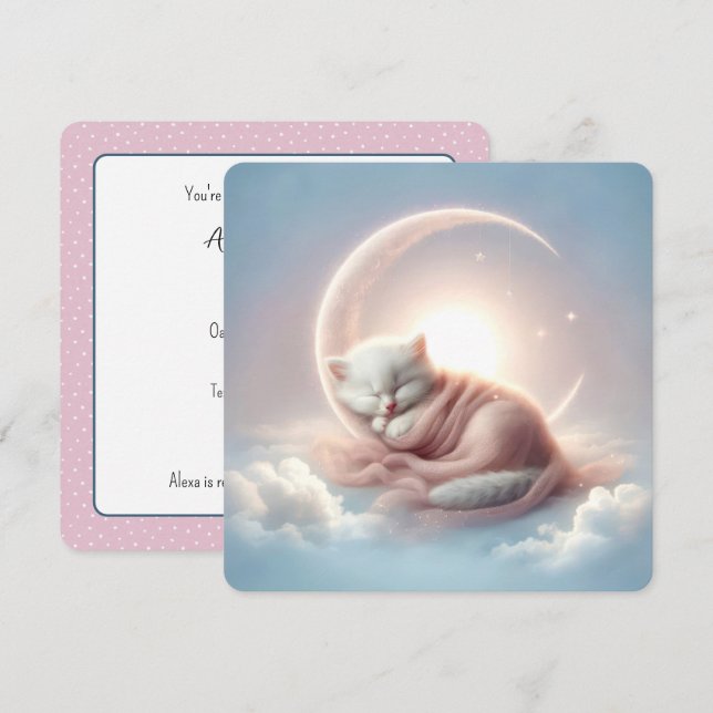 Convite Gatinho Branco Dormindo em Lua Crescente (Frente/Verso)