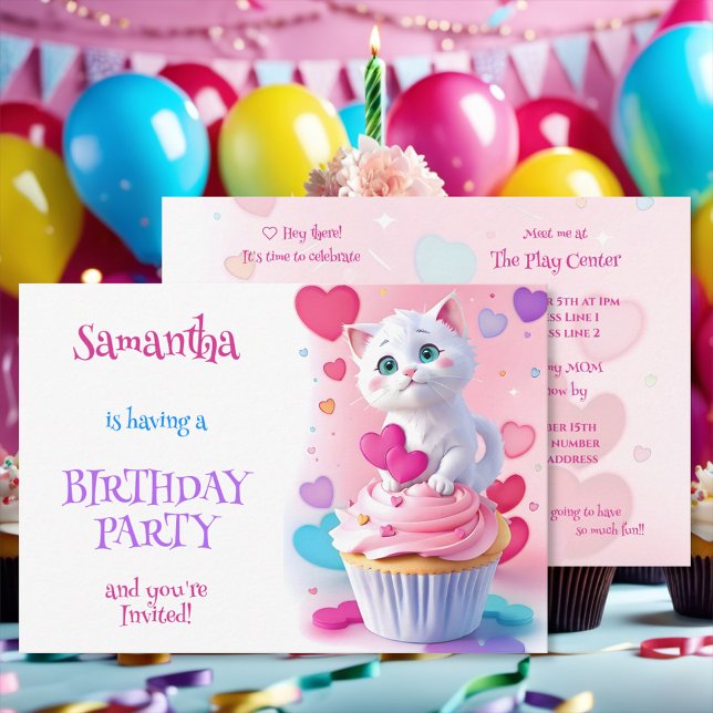Convite Gatinho branco giro e Festa de aniversário Cupcake (Criador carregado)