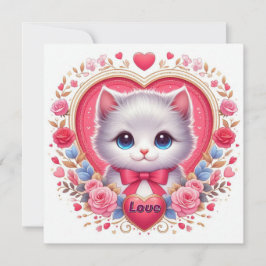 Convite Gatinho com Arco Vermelho com Corações Românticos 