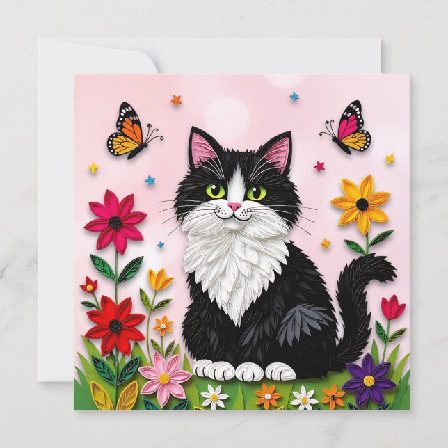 Convite Gatinho Cor-de-Rosa Fofo entre Flores (Frente)