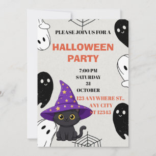 Convite Gatinho de Chapéu Roxo Encantador no Halloween