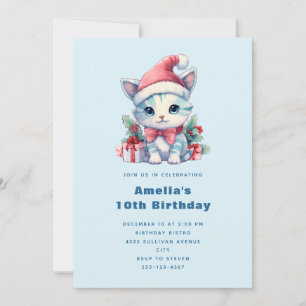 Convite Gatinho Fofo de Chapéu de Papai Noel Aniversário d